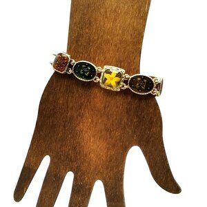 Liz Claiborne Vintage Resin & Gold-tone Panel Link Bracelet Signed